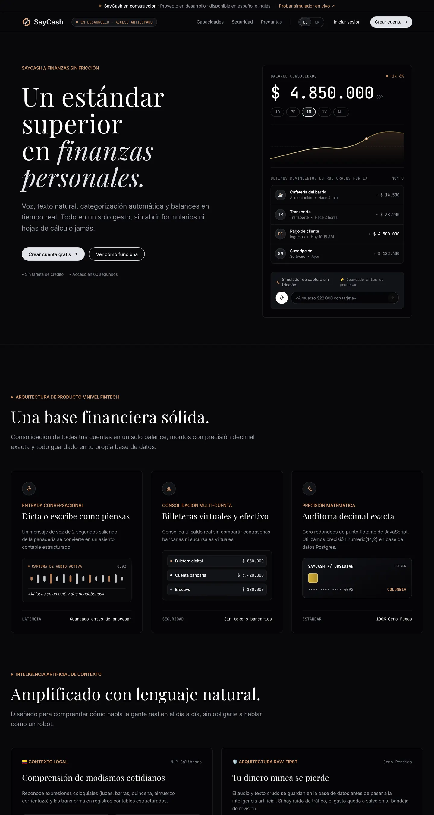 Página de inicio de SayCash en escritorio