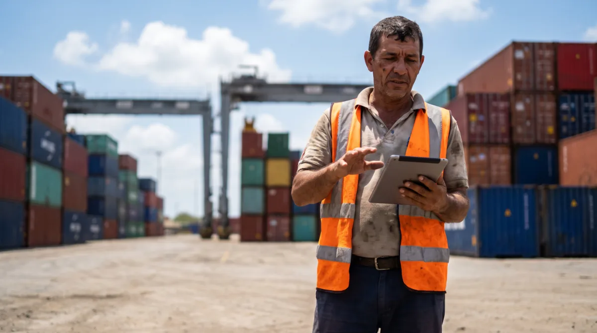 Un coordinador de logística revisa una tableta en un patio de contenedores en Barranquilla