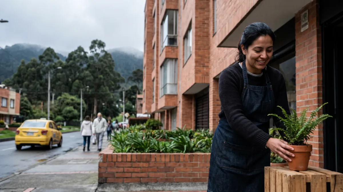 La dueña de un café en Chapinero acomoda una matera a la entrada de su local, con los cerros orientales de Bogotá al fondo