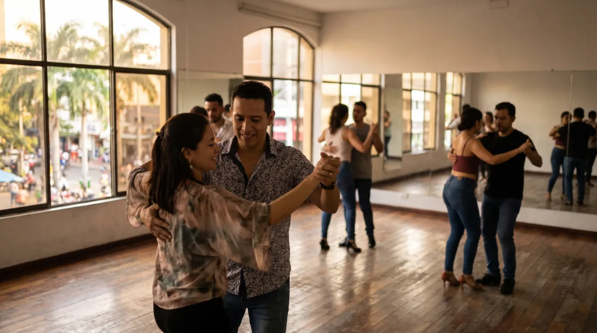 Parejas practican baile en una academia de Cali con ventanales hacia una calle con palmeras
