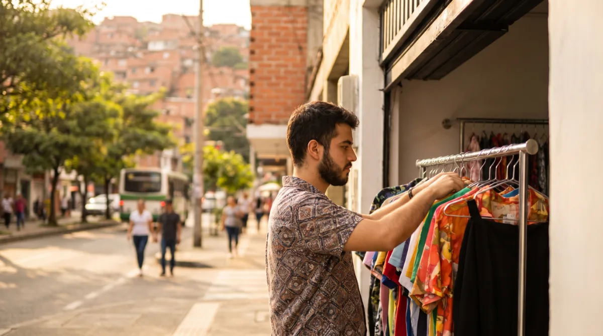A business owner arranges clothes on the rack of his clothing store on a street in Medellín