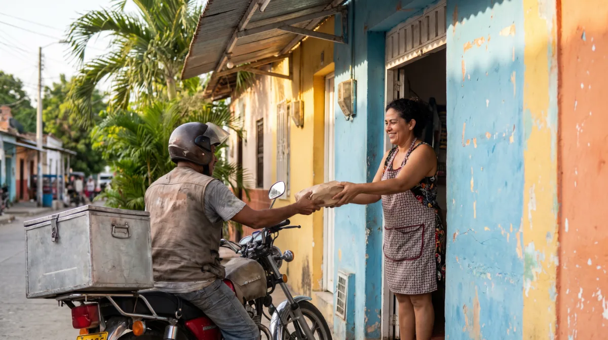 The owner of a shop in Sincelejo hands an order to a delivery rider on a motorcycle