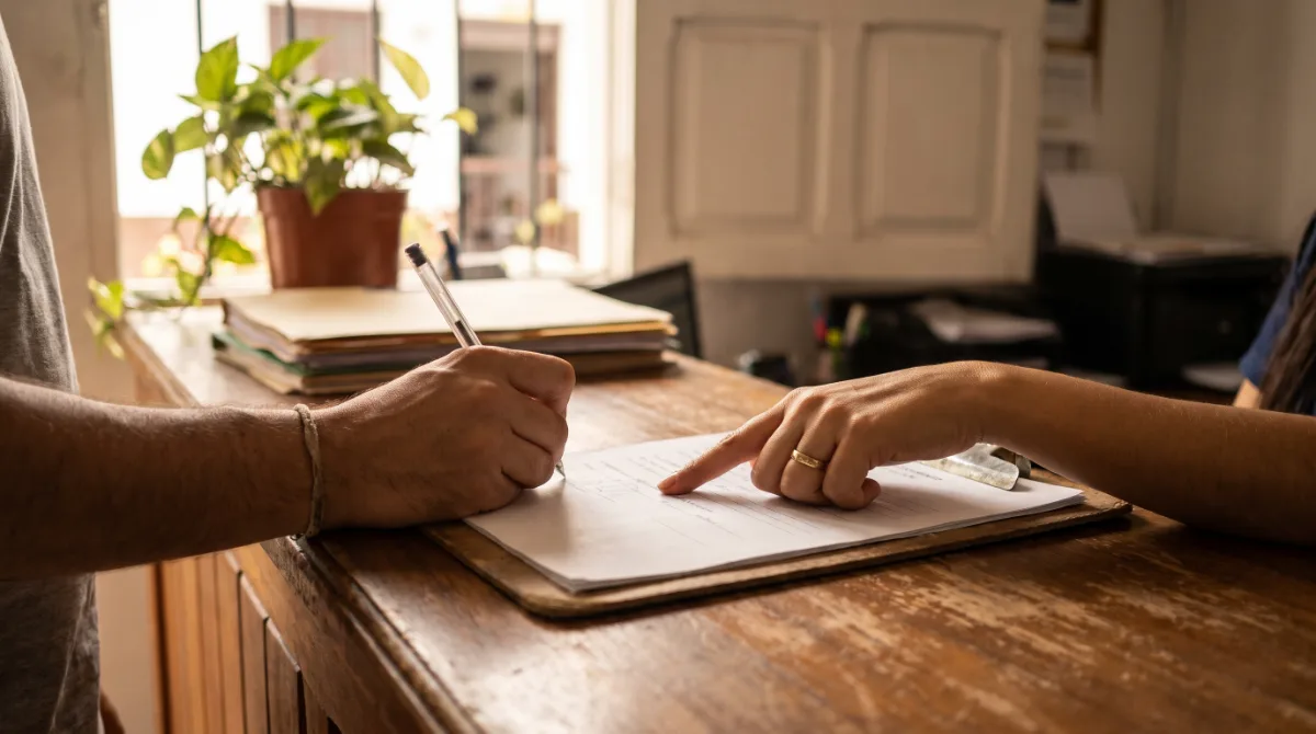 Una persona firma un formulario de autorización en la recepción de un negocio