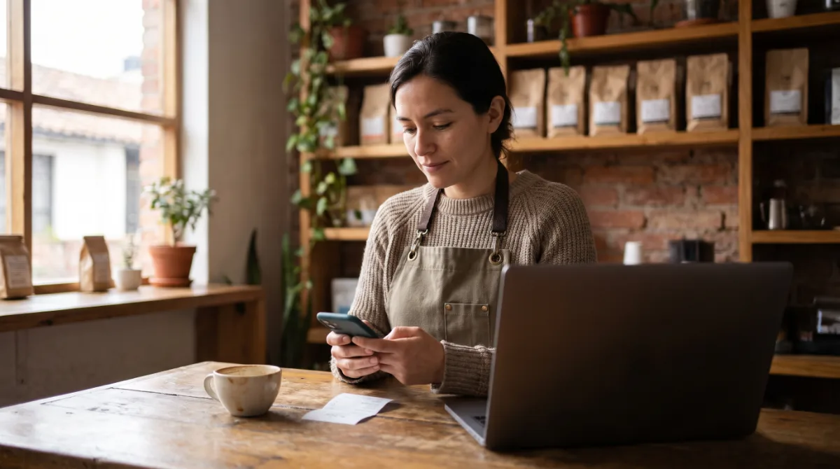 The owner of a specialty coffee shop checks orders on her phone behind the counter, with a laptop beside her