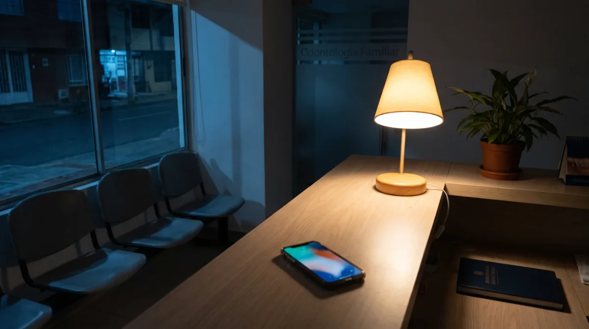 Recepción de un consultorio odontológico cerrada de noche, con un celular encendido sobre el mostrador