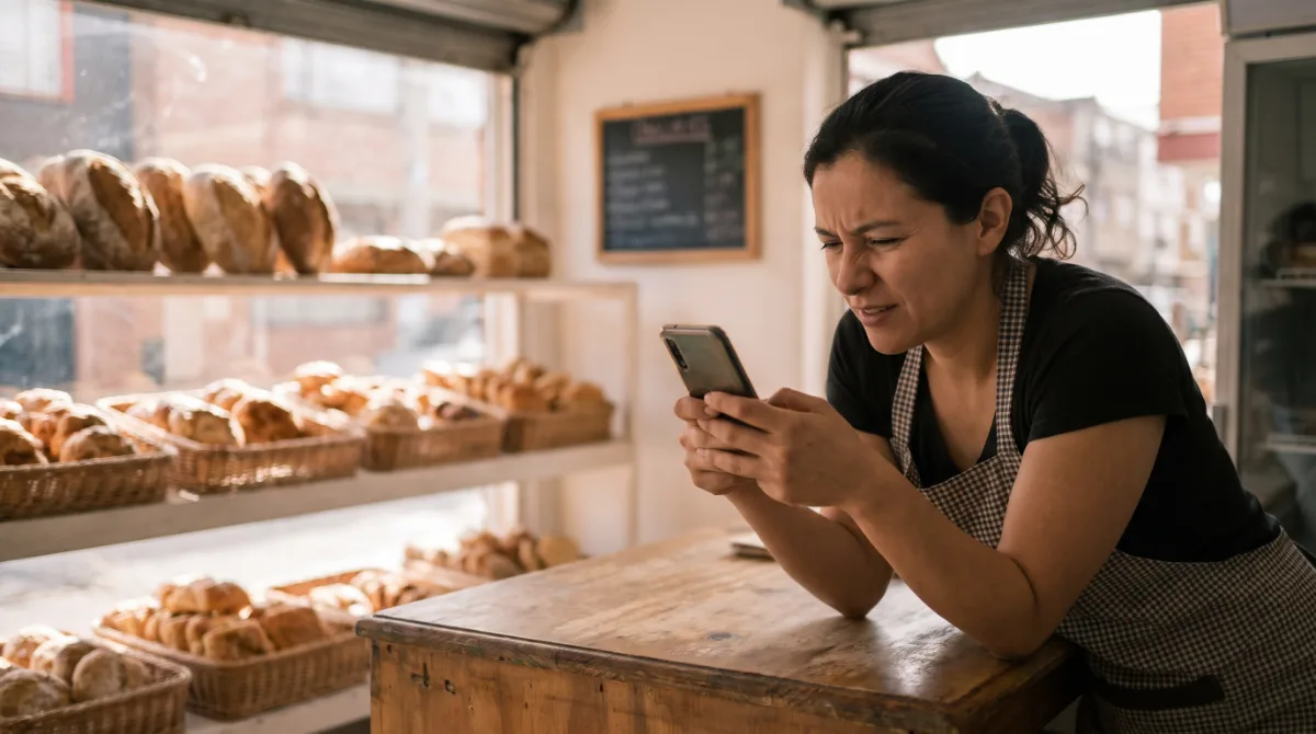 La dueña de una panadería revisa en su celular, apoyada en el mostrador