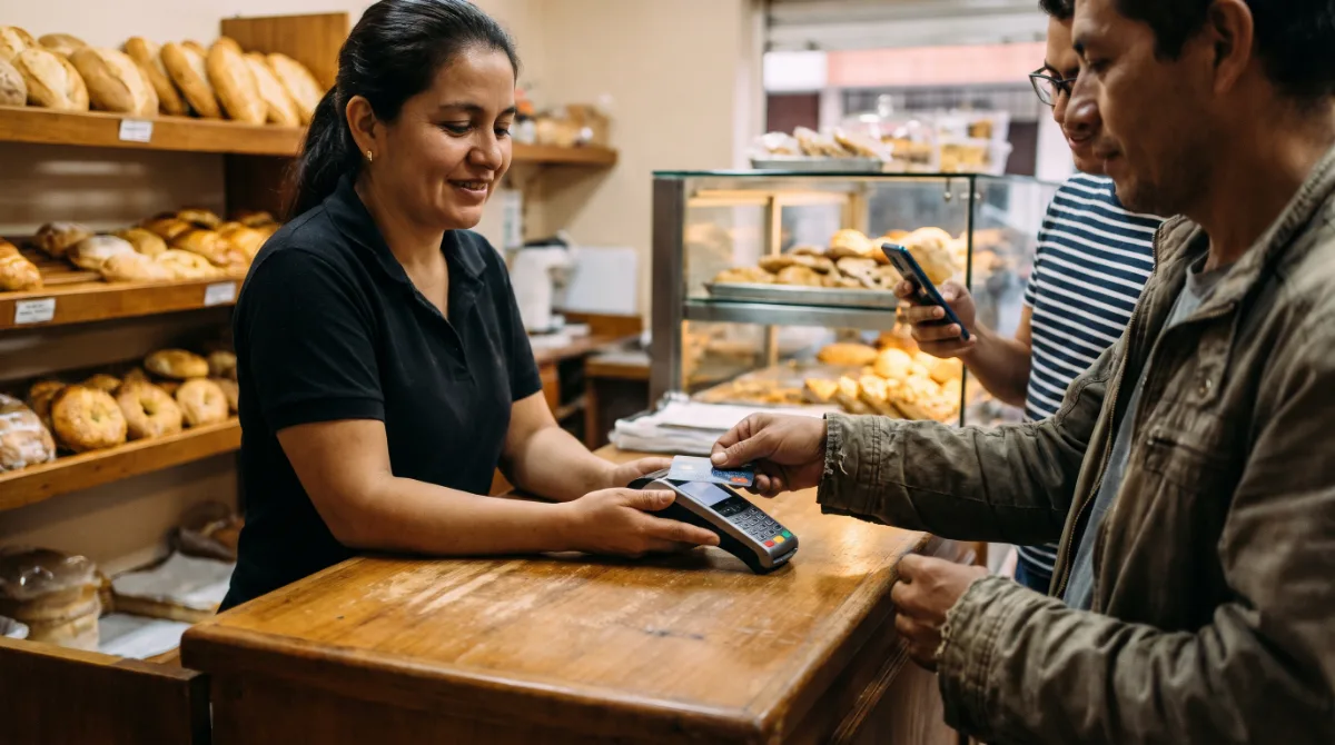 Un cliente paga con tarjeta en el datáfono de una panadería