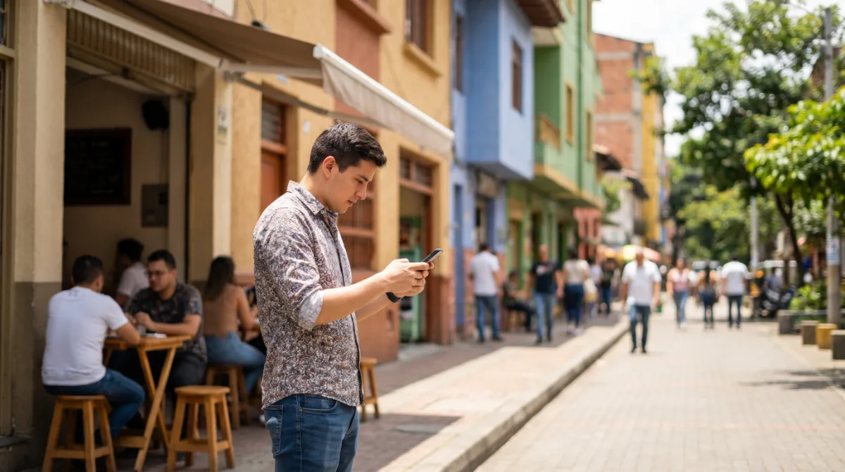 A young man checks his phone in front of a café on a street in Medellín