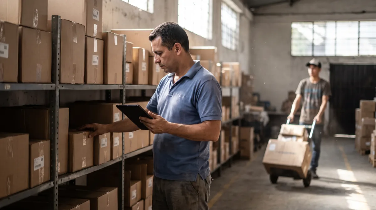 The owner of a distribution warehouse checks inventory on a tablet between shelves of boxes