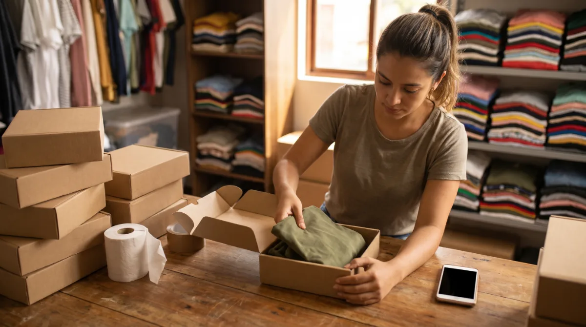 The owner of a clothing store packs an order into a shipping box