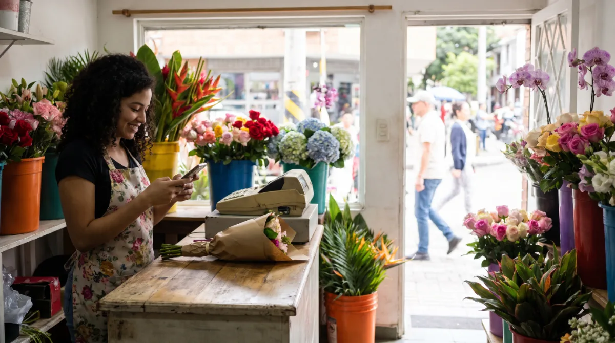 Dueña de una floristería responde mensajes en su celular detrás del mostrador