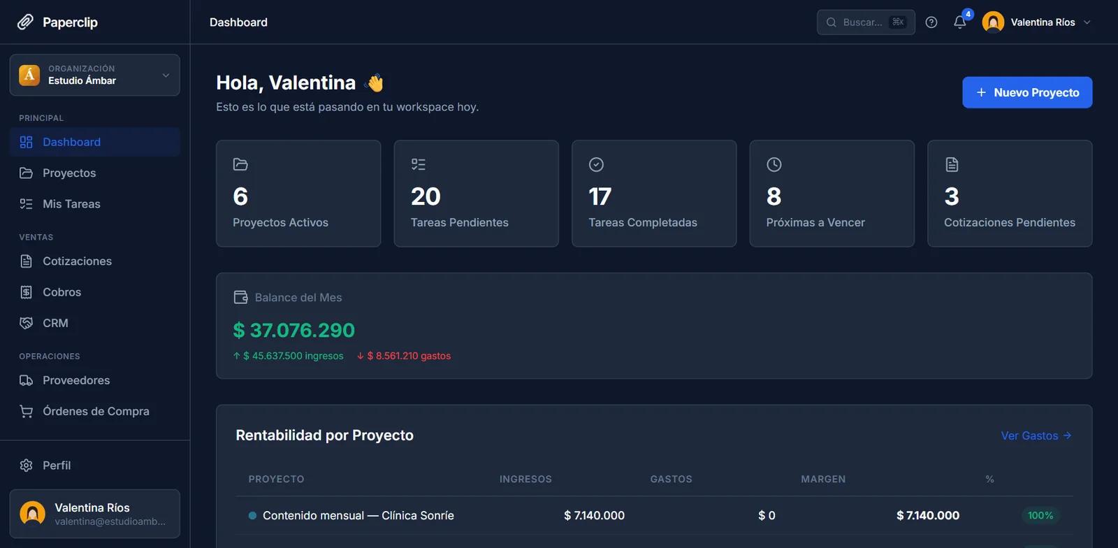 Paperclip dashboard: active projects, tasks, monthly balance and profitability per project