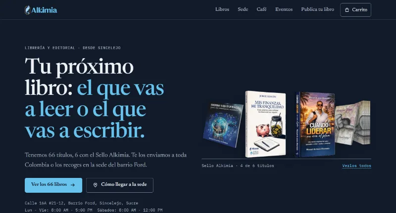Alkimia Ediciones website: a bookstore and publisher in Sincelejo with an online store