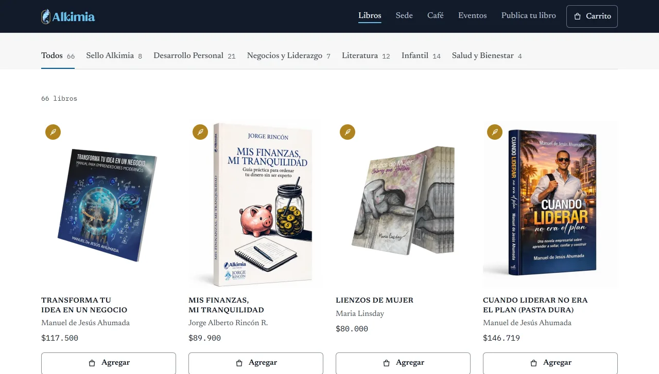 Alkimia Ediciones book catalog with prices and a shopping cart