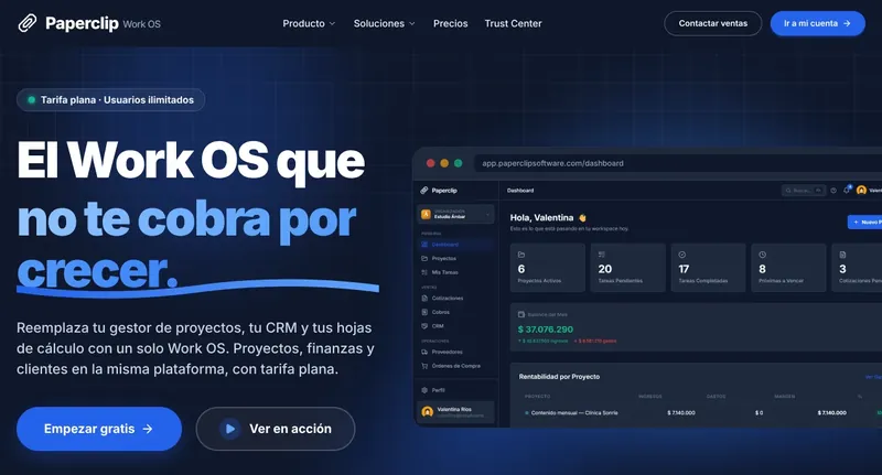 Sitio de Paperclip: Work OS con proyectos, CRM y finanzas en una sola plataforma