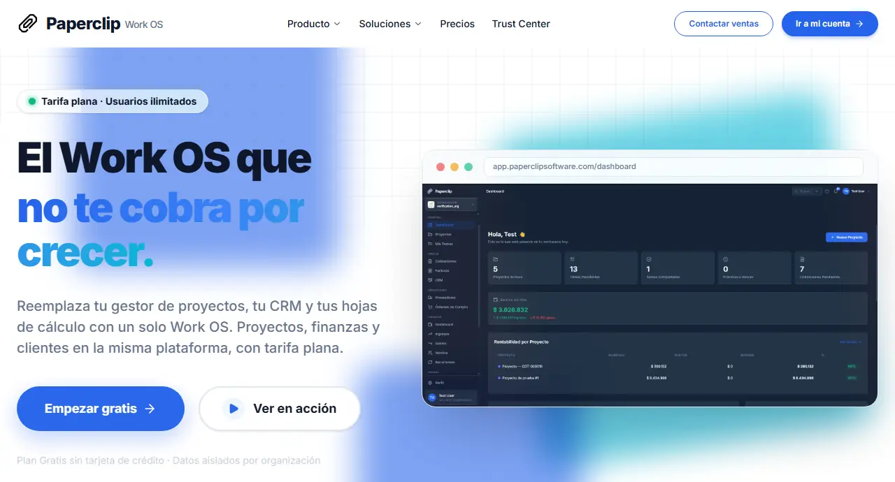 Sitio de Paperclip: Work OS con proyectos, CRM y finanzas en una sola plataforma