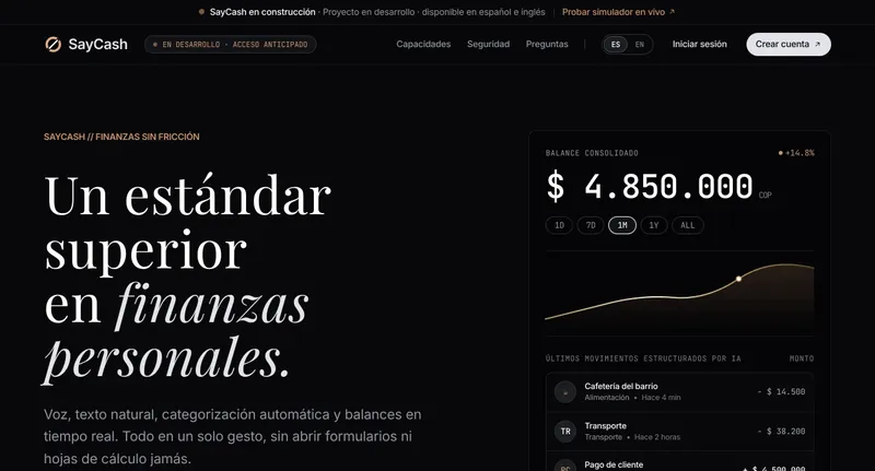 Sitio de SayCash: app de finanzas personales con inteligencia artificial